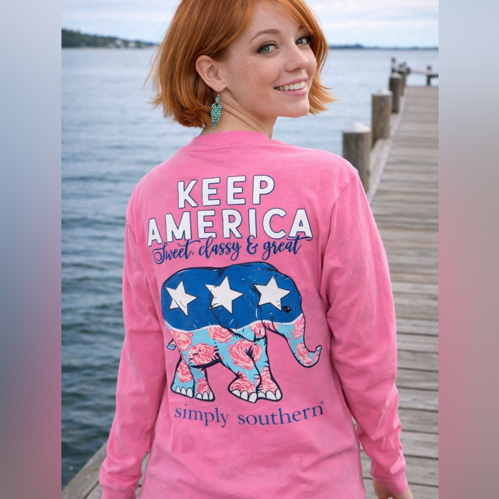 Simply Southern Pink and Blue Long Sleeve Patriotic Tee🇺🇸 Size S